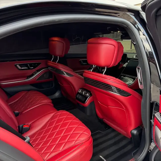 Red diamond-stitch Mercedes S-Class rear seats detailed