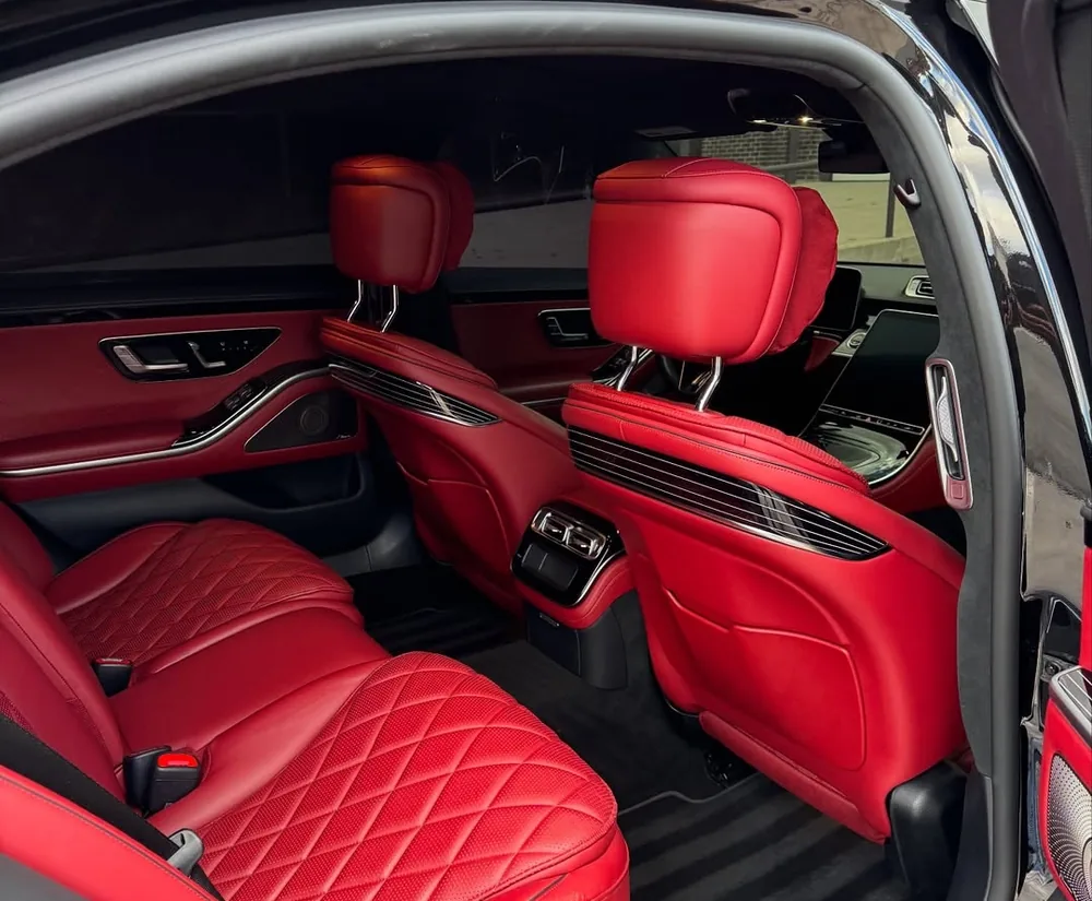 Detailed red leather interior of a Mercedes S-Class