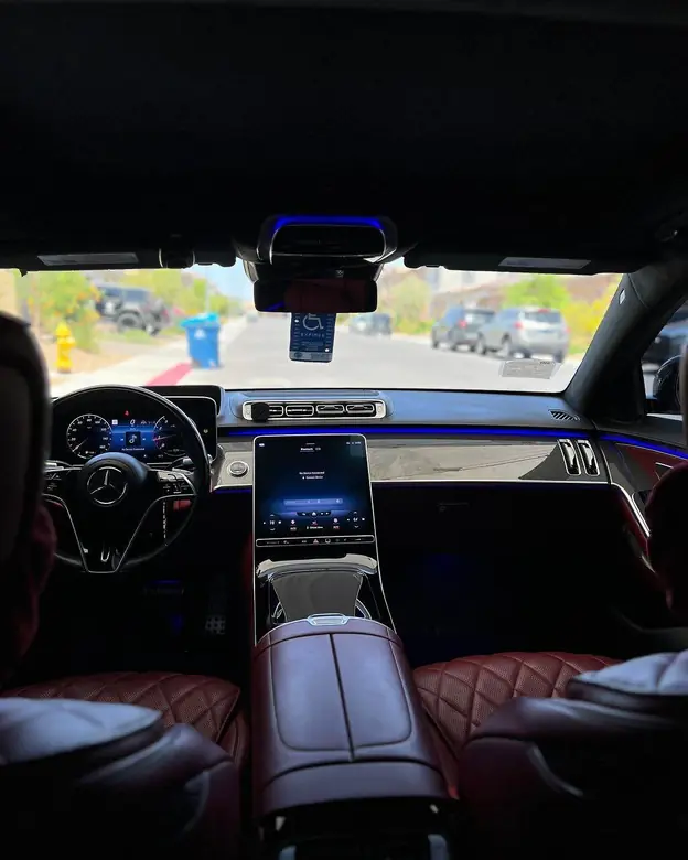 Mercedes S-Class red interior with ambient lighting, detailed